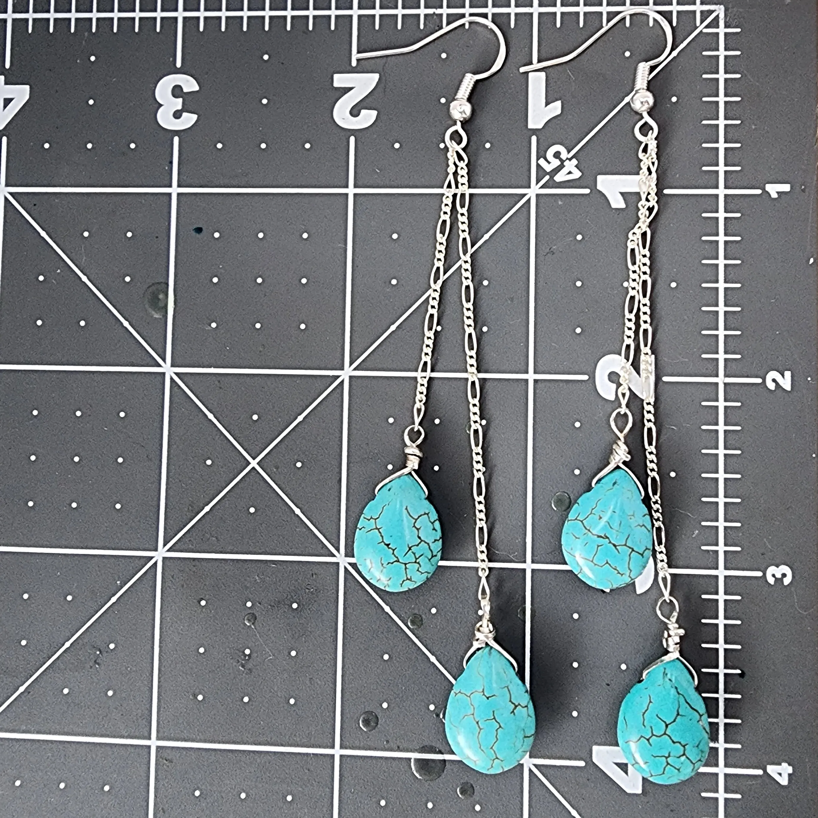 Handmade Sterling Silver Turquoise Howlite Teardrop Earrings | Figaro Chain Design | 4-Inch Length