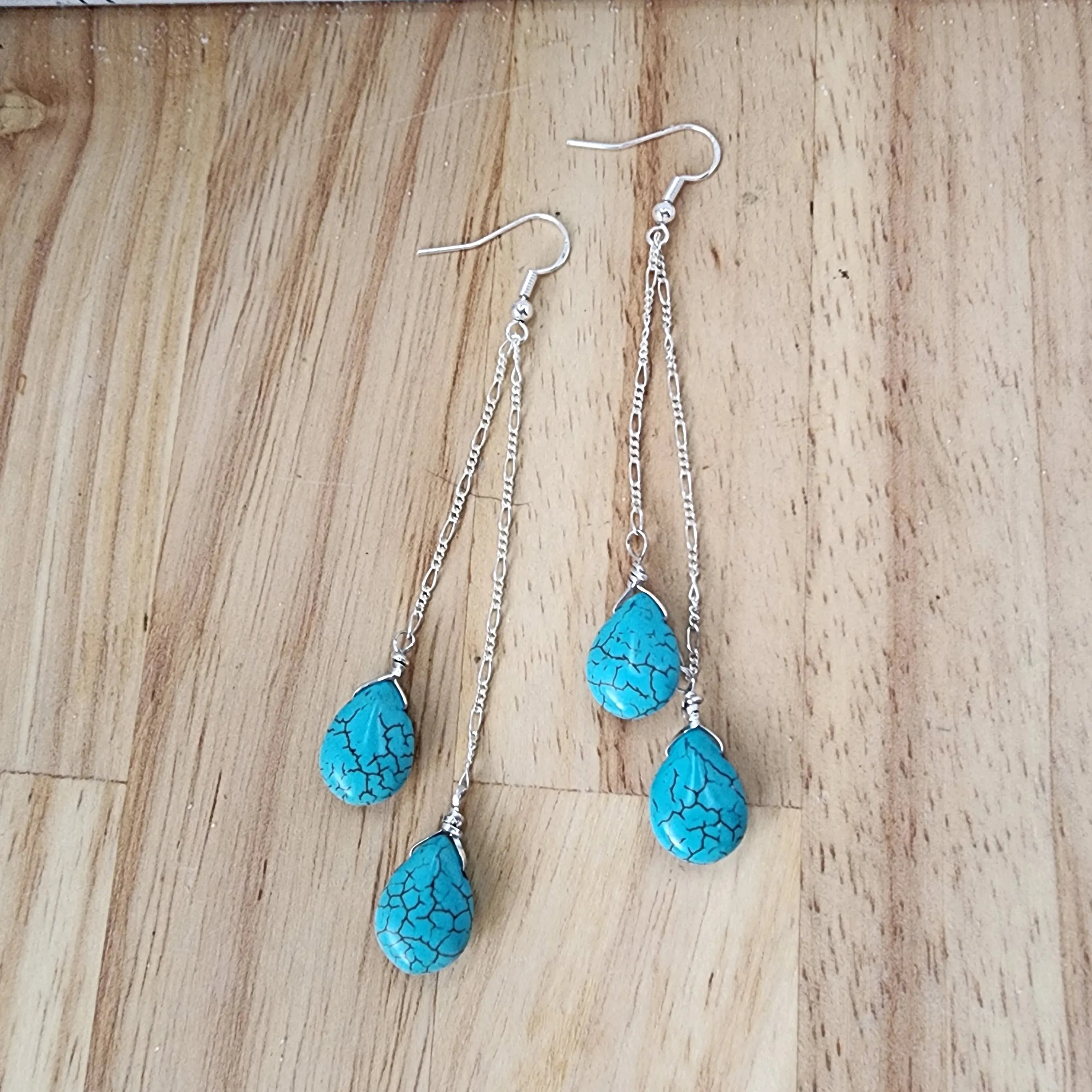 Handmade Sterling Silver Turquoise Howlite Teardrop Earrings | Figaro Chain Design | 4-Inch Length