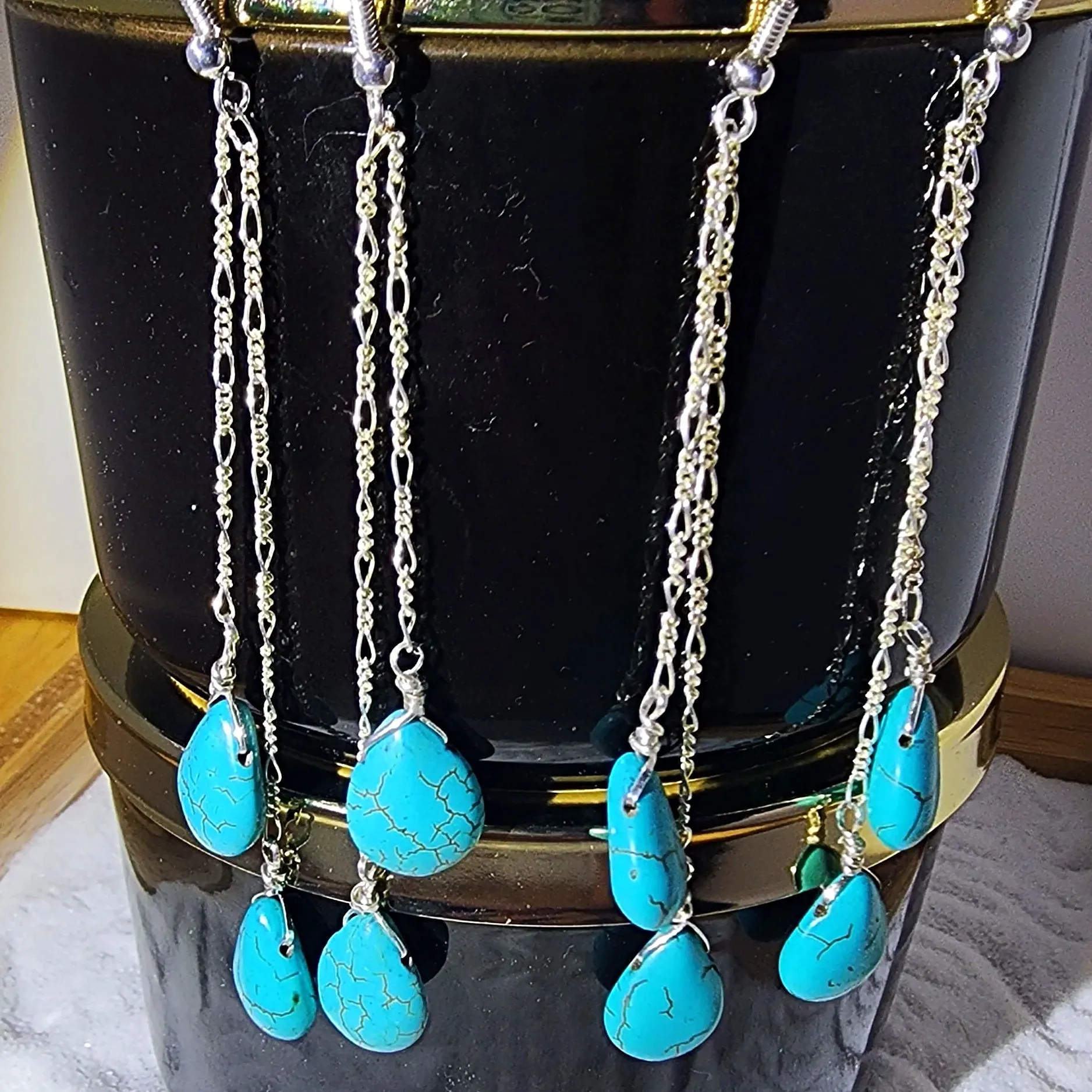 Handmade Sterling Silver Turquoise Howlite Teardrop Earrings | Figaro Chain Design | 4-Inch Length