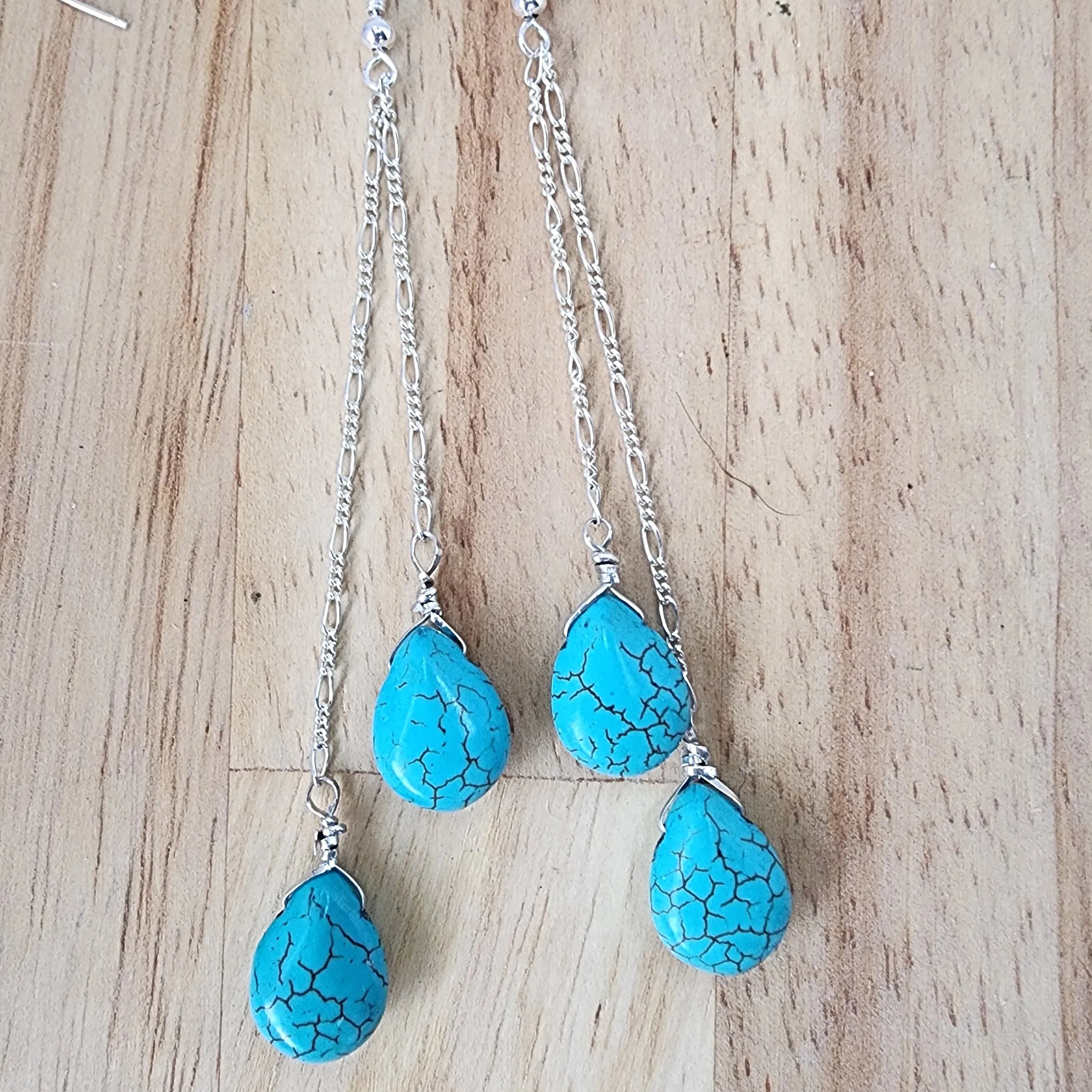 Handmade Sterling Silver Turquoise Howlite Teardrop Earrings | Figaro Chain Design | 4-Inch Length