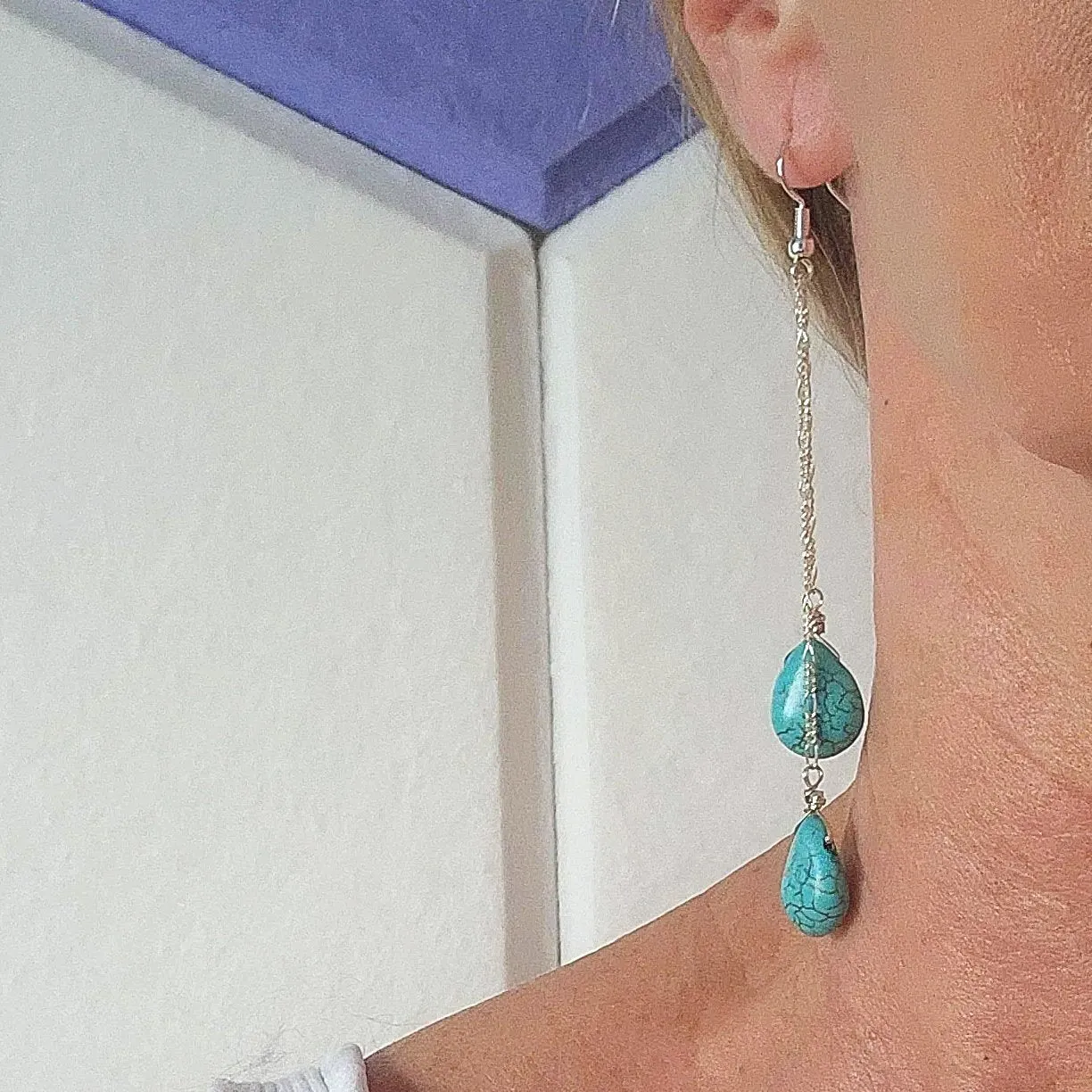 Handmade Sterling Silver Turquoise Howlite Teardrop Earrings | Figaro Chain Design | 4-Inch Length