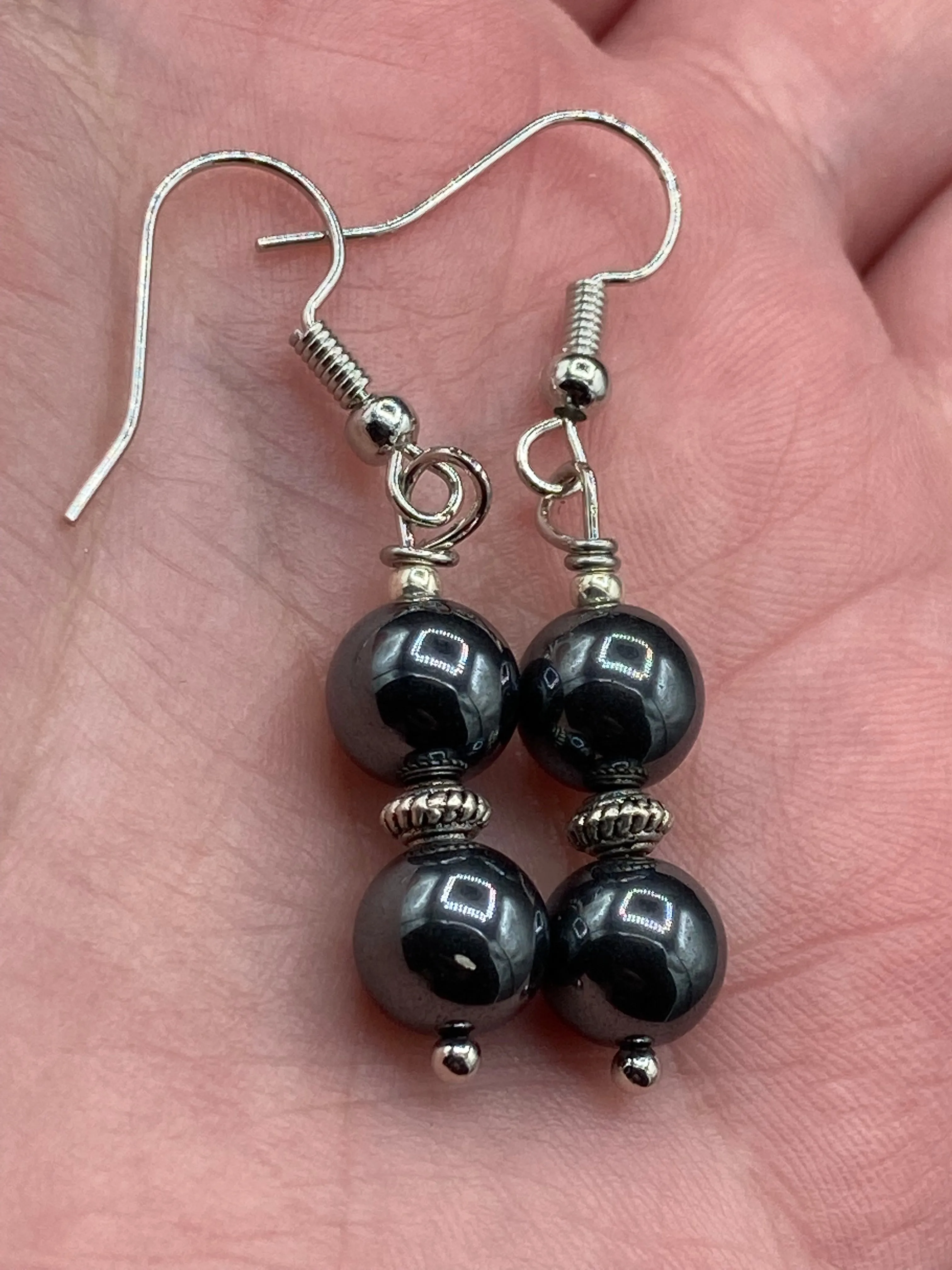 Hematite And Silver Beaded Earrings, Shabby Boho Chic, Bohemian