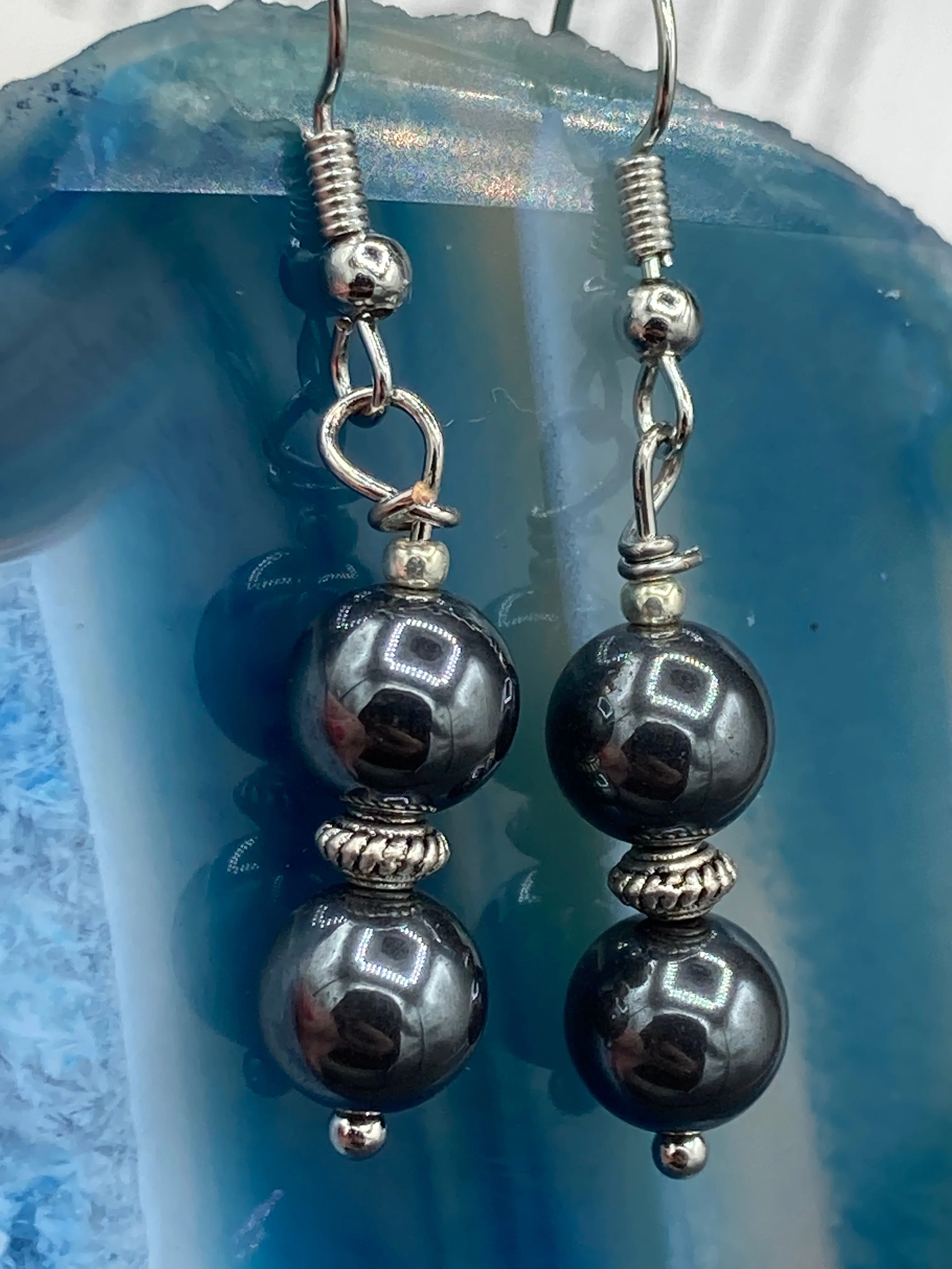 Hematite And Silver Beaded Earrings, Shabby Boho Chic, Bohemian