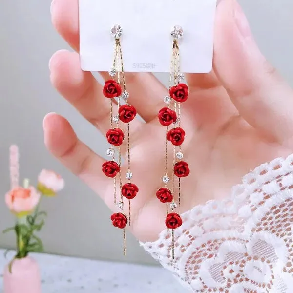 Lady Glams Romantic Adjustable Red Rose Link Chain Bracelet - Fashion Valentine Gift for Women