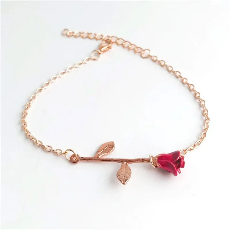 Lady Glams Romantic Adjustable Red Rose Link Chain Bracelet - Fashion Valentine Gift for Women