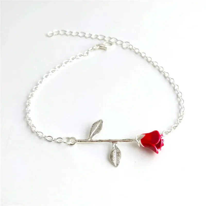 Lady Glams Romantic Adjustable Red Rose Link Chain Bracelet - Fashion Valentine Gift for Women