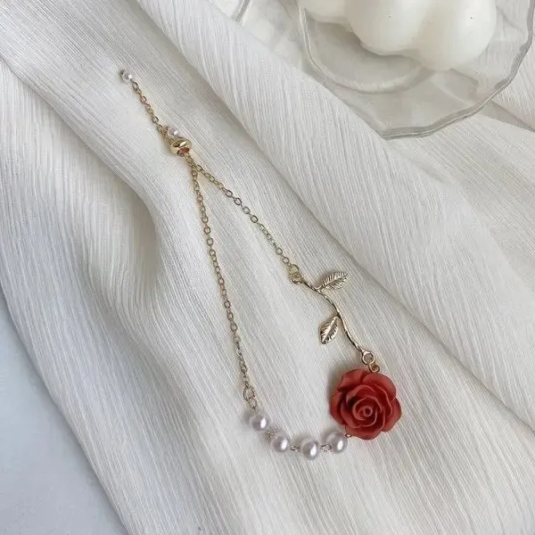 Lady Glams Romantic Adjustable Red Rose Link Chain Bracelet - Fashion Valentine Gift for Women