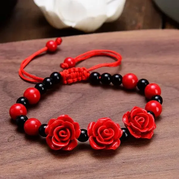 Lady Glams Romantic Adjustable Red Rose Link Chain Bracelet - Fashion Valentine Gift for Women