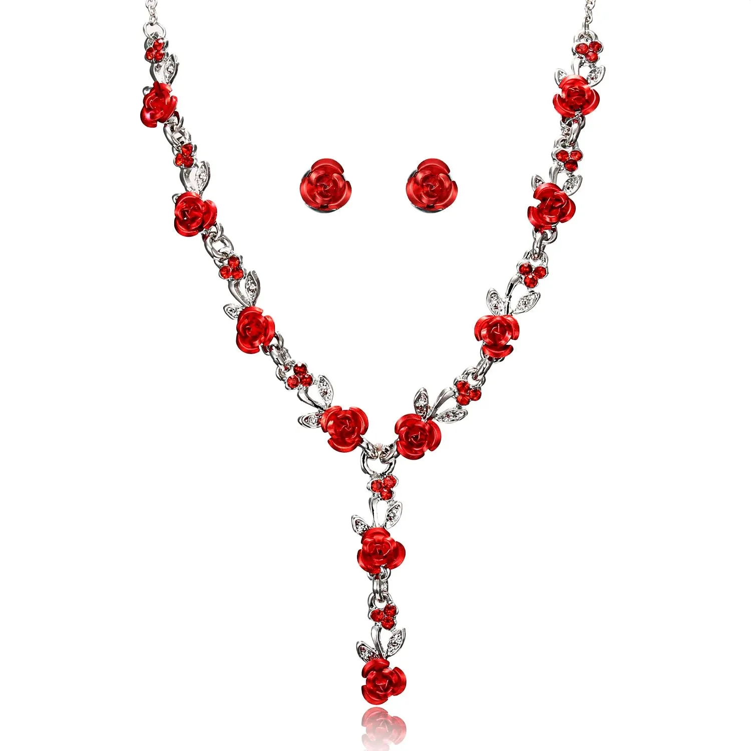 Lady Glams Romantic Adjustable Red Rose Link Chain Bracelet - Fashion Valentine Gift for Women