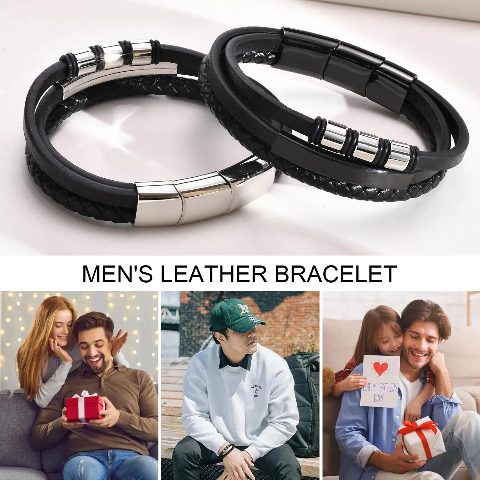 Leather Bracelets for Men Boys,Black Stainless Steel Wristband with Beads