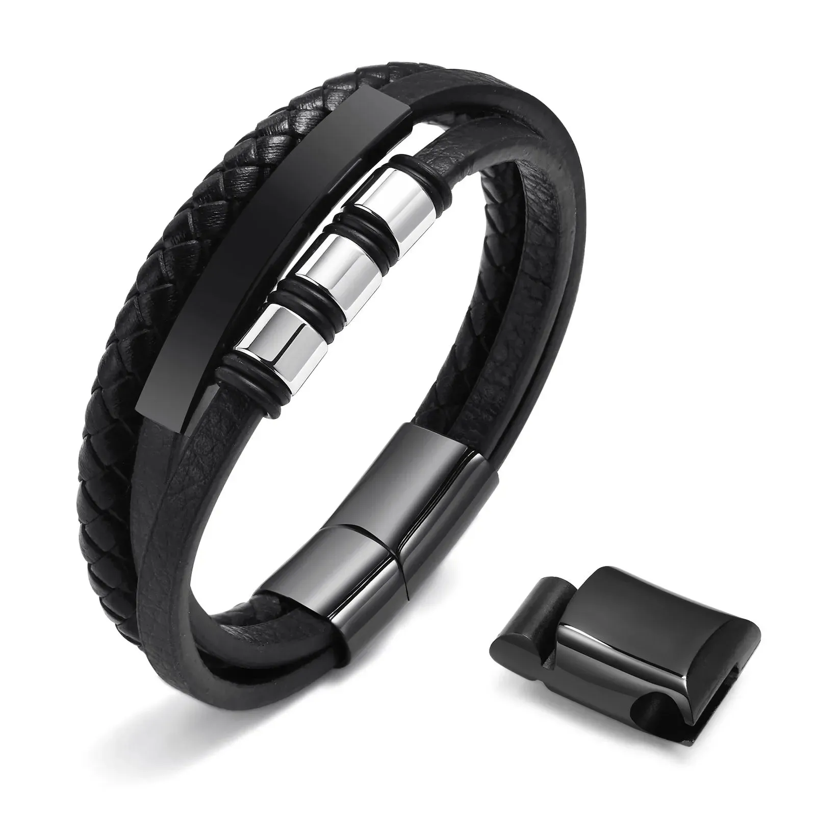 Leather Bracelets for Men Boys,Black Stainless Steel Wristband with Beads