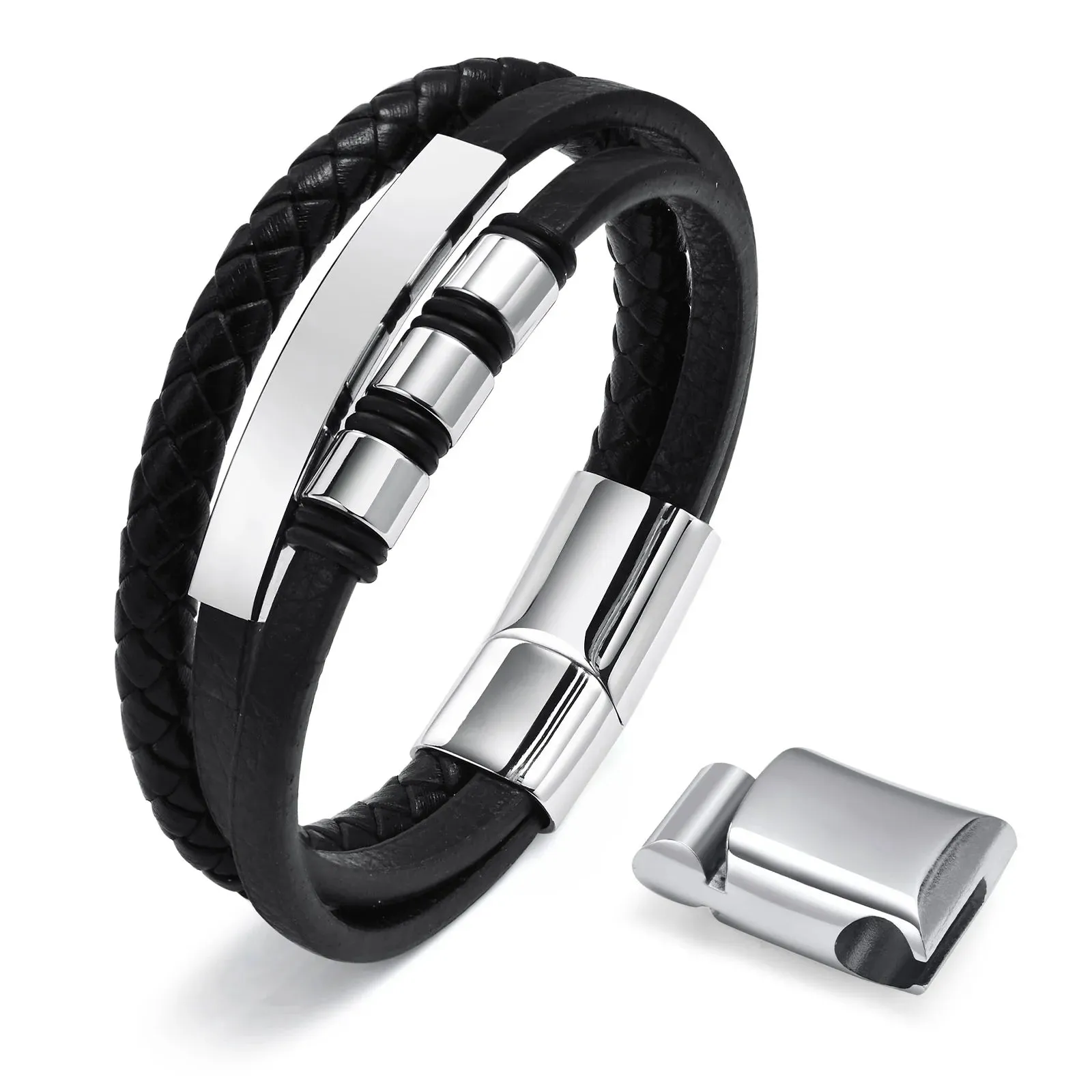 Leather Bracelets for Men Boys,Black Stainless Steel Wristband with Beads