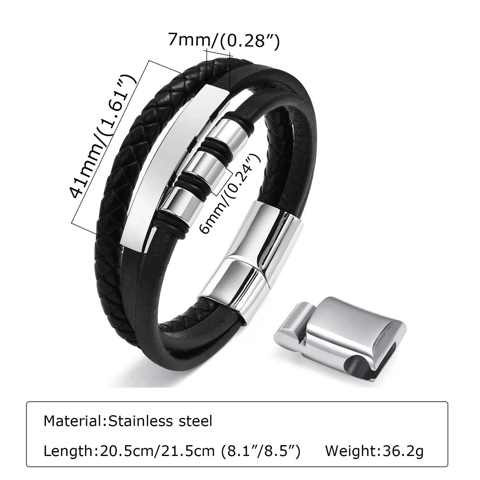 Leather Bracelets for Men Boys,Black Stainless Steel Wristband with Beads