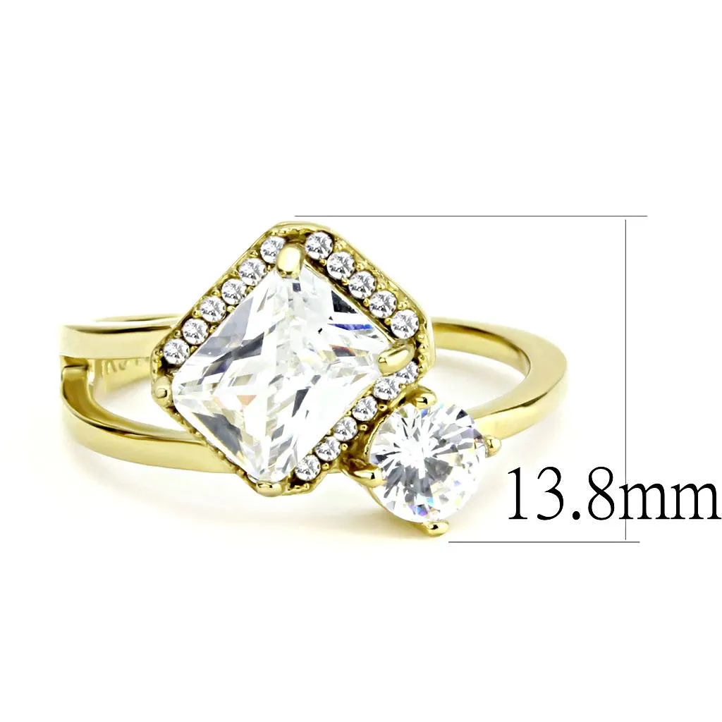 LOVCIA Ion Plated Gold Stainless Steel Ring with Clear AAA Grade Cubic Zirconia