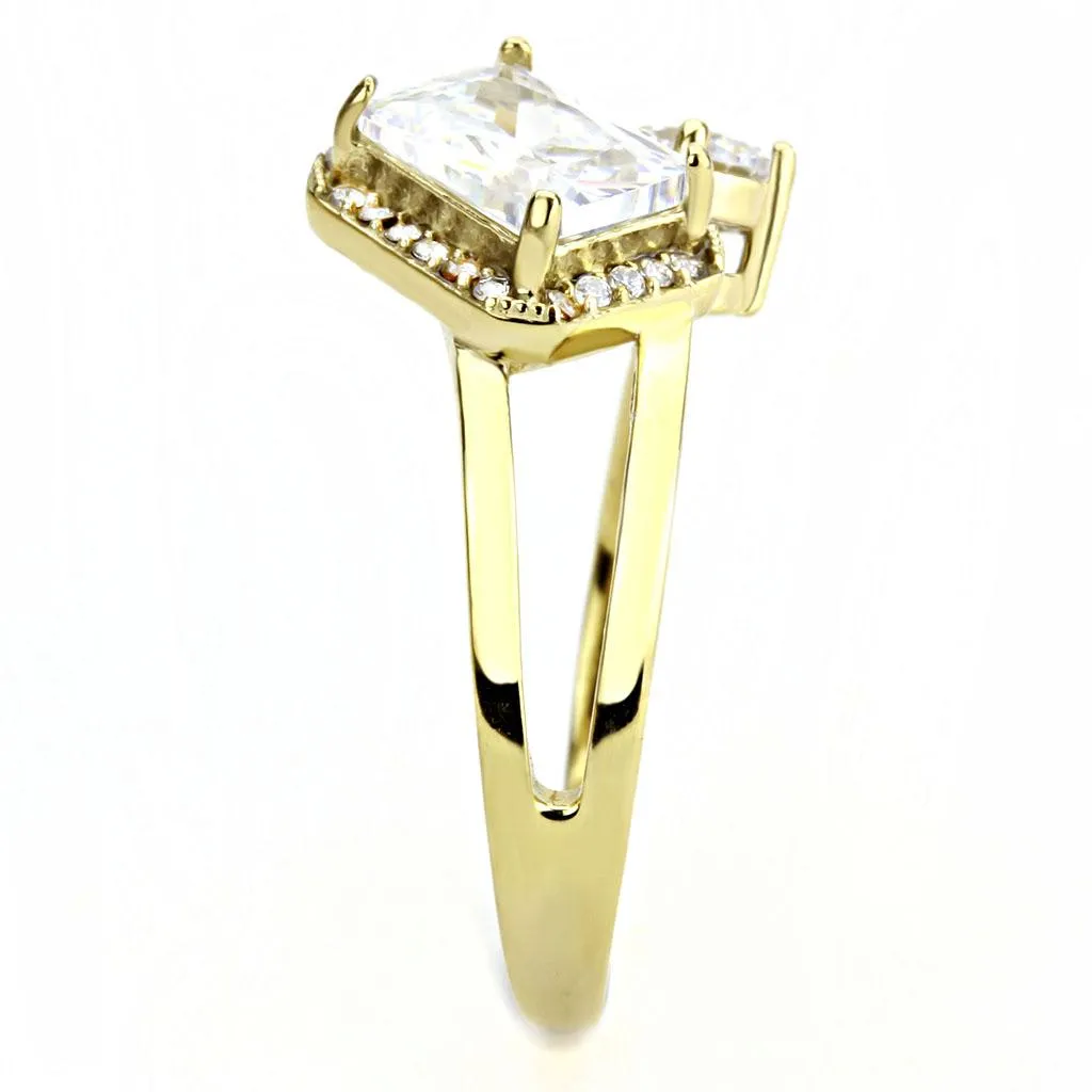 LOVCIA Ion Plated Gold Stainless Steel Ring with Clear AAA Grade Cubic Zirconia
