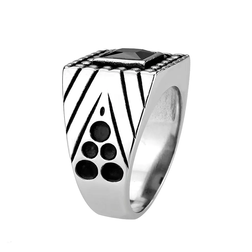 LOVCIA Sleek Stainless Steel Ring with Square Jet CZ Stone