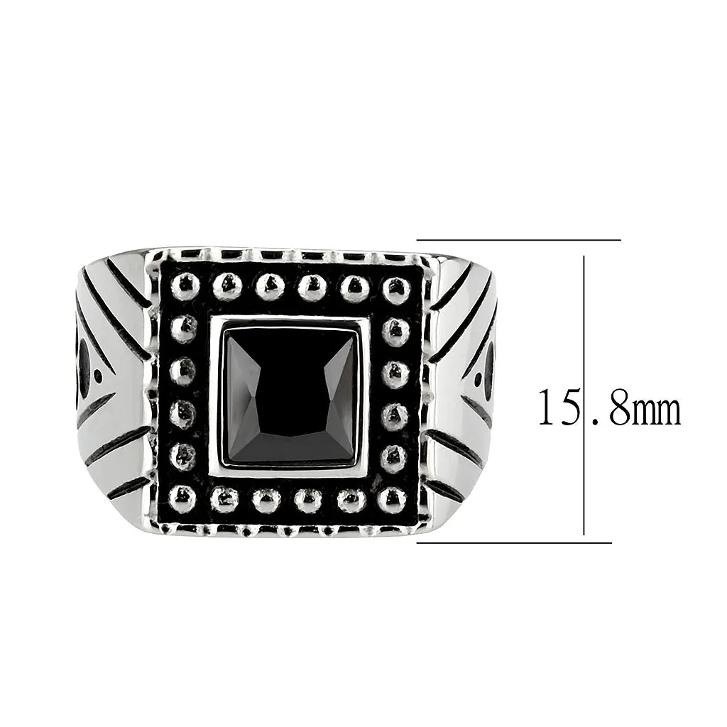LOVCIA Sleek Stainless Steel Ring with Square Jet CZ Stone