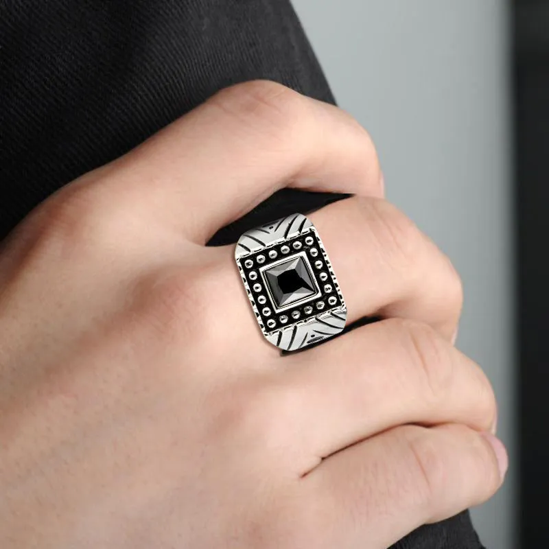 LOVCIA Sleek Stainless Steel Ring with Square Jet CZ Stone