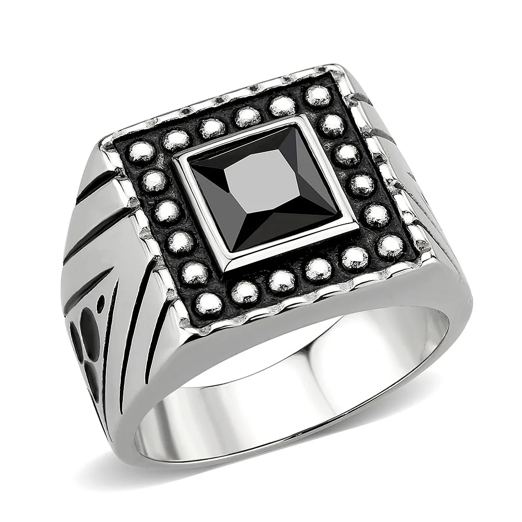 LOVCIA Sleek Stainless Steel Ring with Square Jet CZ Stone