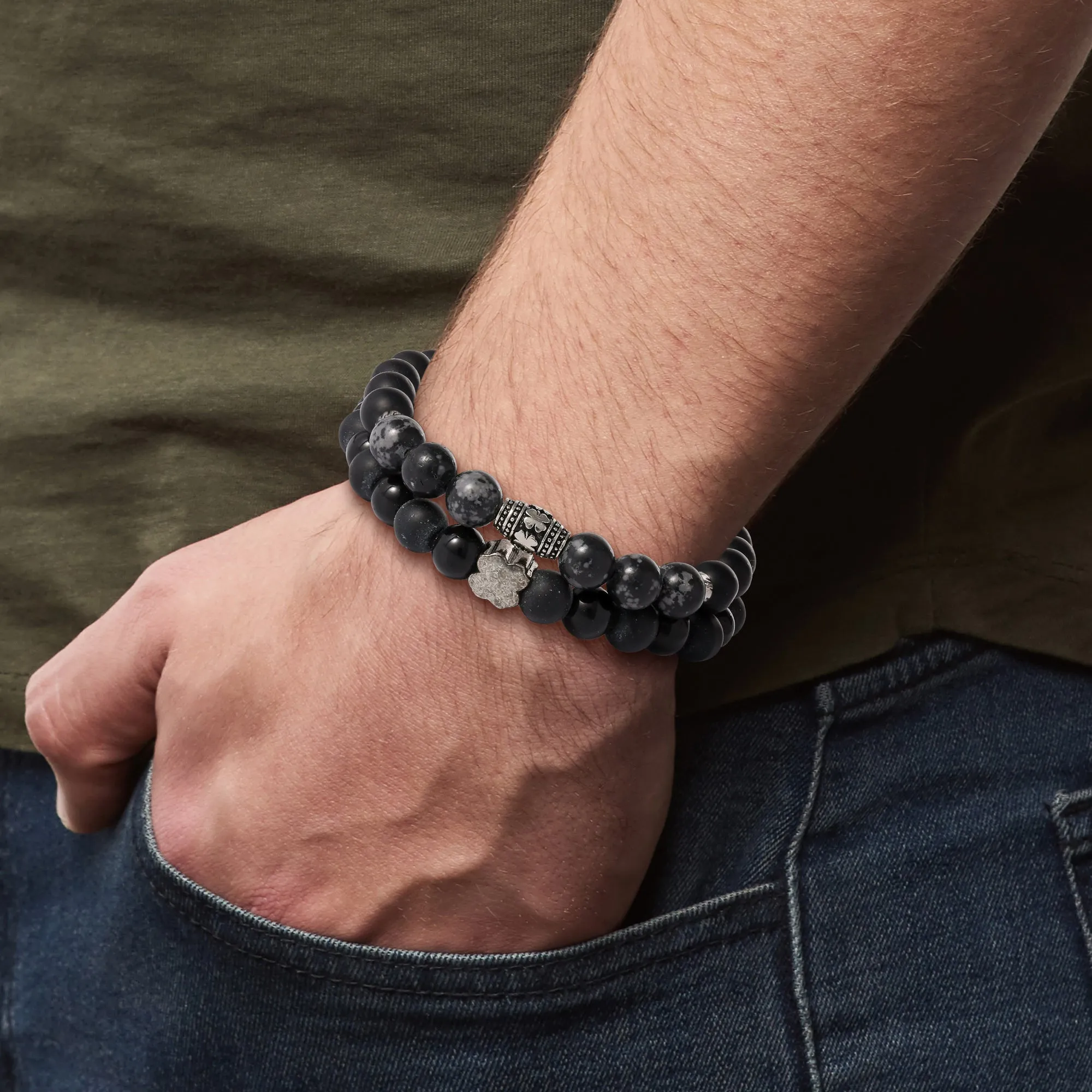 Lucky Brand Black Lava Bead Bracelets - Set of Two Natural Stone Stretch Bracelets for Men