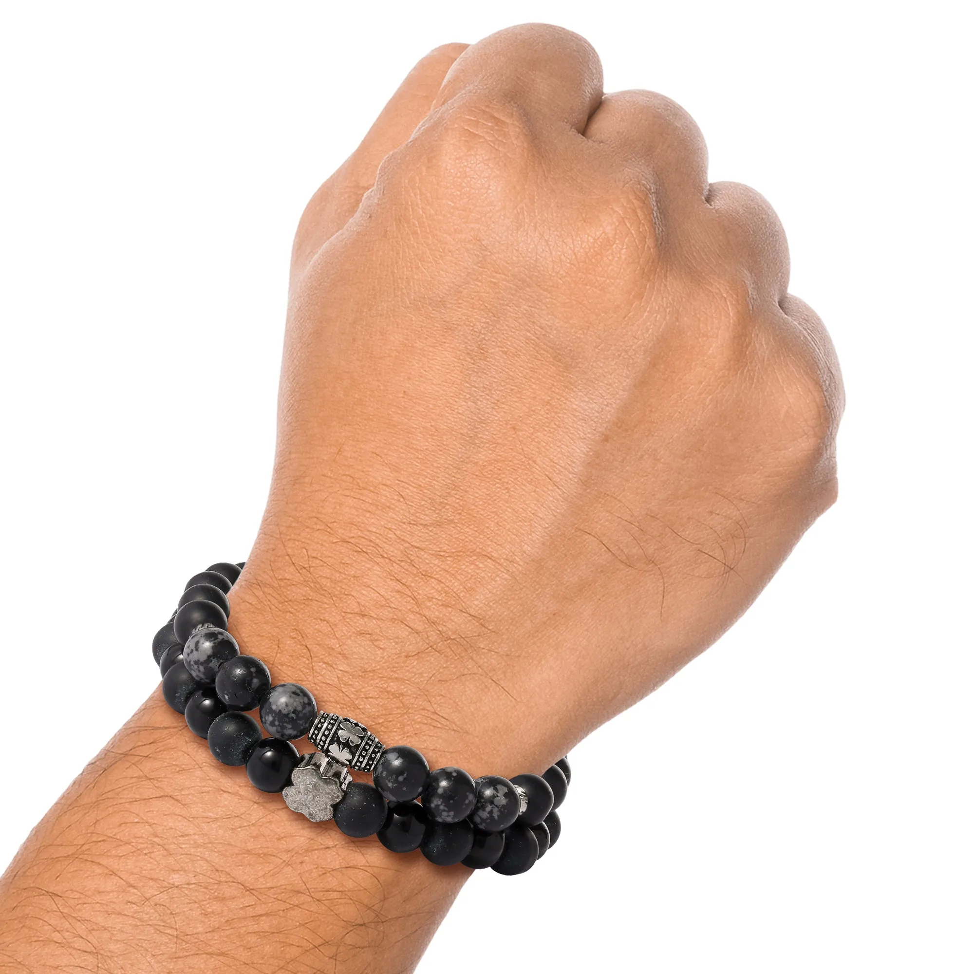 Lucky Brand Black Lava Bead Bracelets - Set of Two Natural Stone Stretch Bracelets for Men