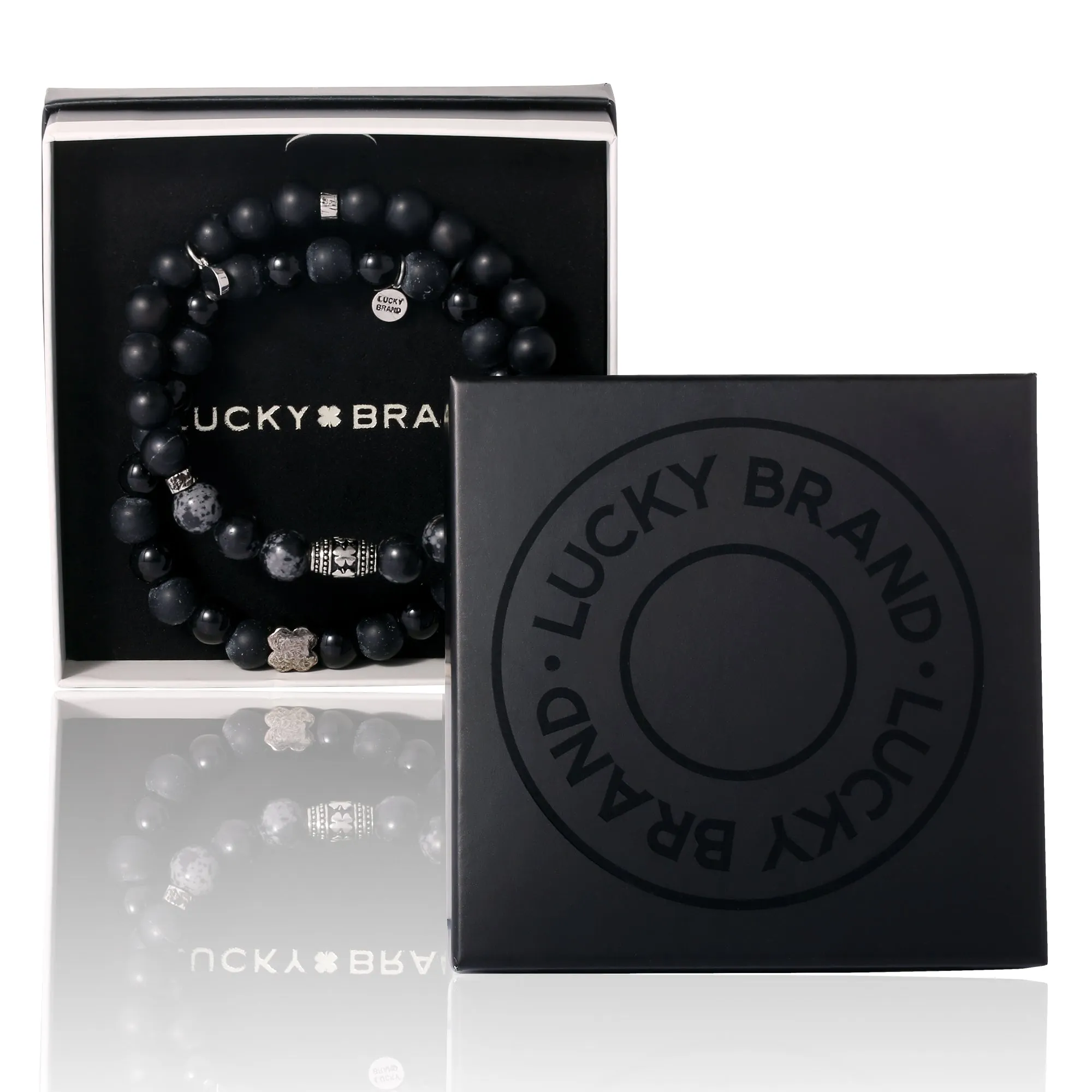 Lucky Brand Black Lava Bead Bracelets - Set of Two Natural Stone Stretch Bracelets for Men