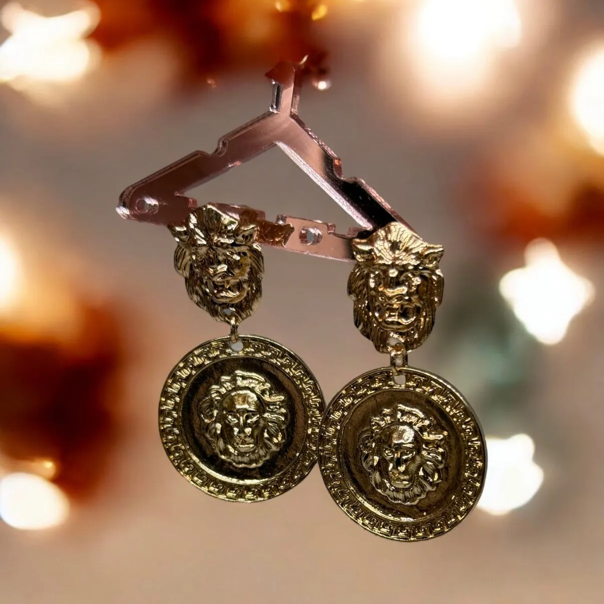 Lux - Gold earrings with gold coins |Gold Lion head earrings | korean earrings | baroque style earrings| Medallion shaped dangle earrings