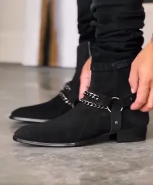 Luxury Edition - Artisian Made Black Italian Suede Ravian Harness Chelsea Boots with Chains