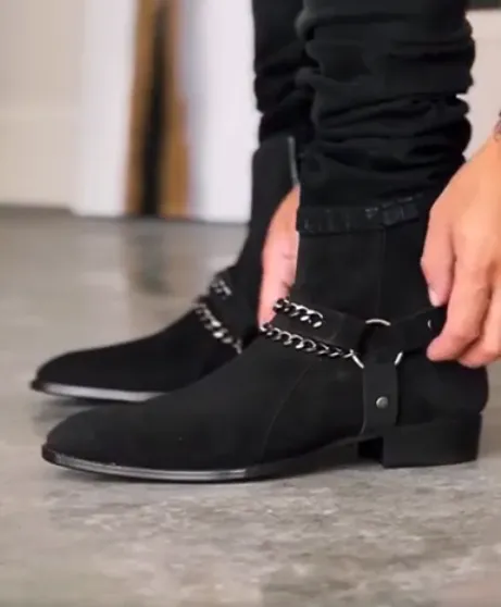 Luxury Edition - Artisian Made Black Italian Suede Ravian Harness Chelsea Boots with Chains