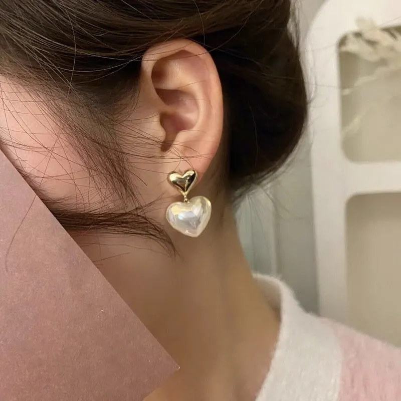 Metal Heart-Shaped Pearl Earrings  Back Hanging Earrings