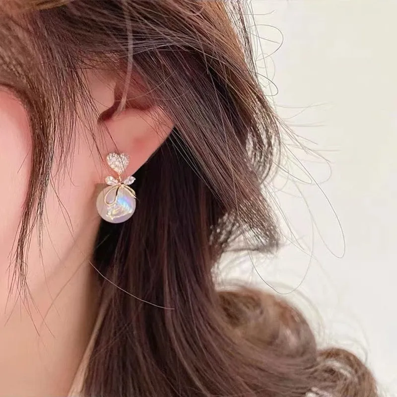 Metal Heart-Shaped Pearl Earrings  Back Hanging Earrings