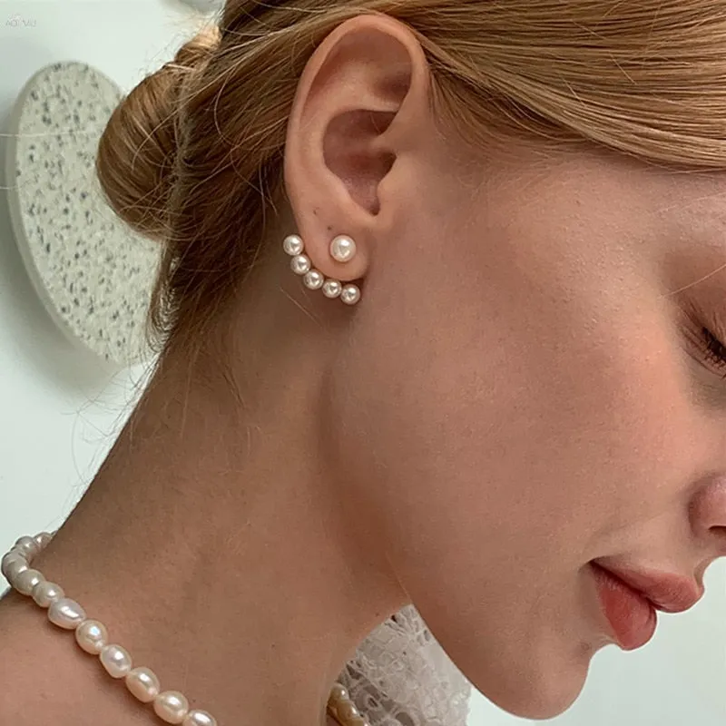 Metal Heart-Shaped Pearl Earrings  Back Hanging Earrings
