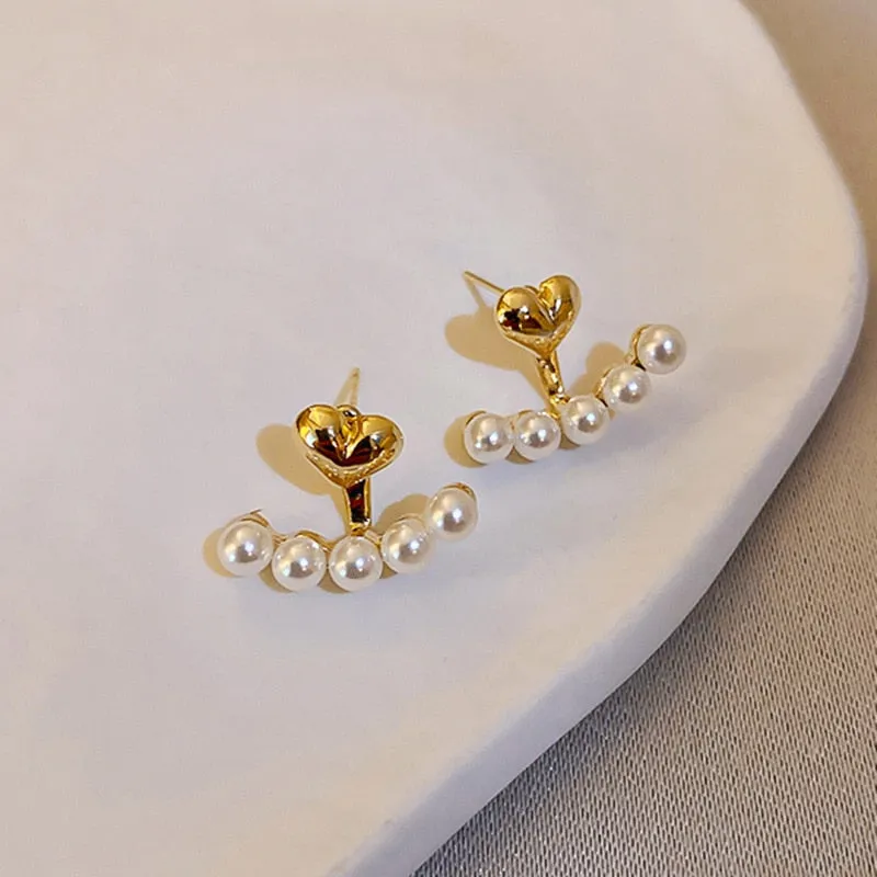 Metal Heart-Shaped Pearl Earrings  Back Hanging Earrings