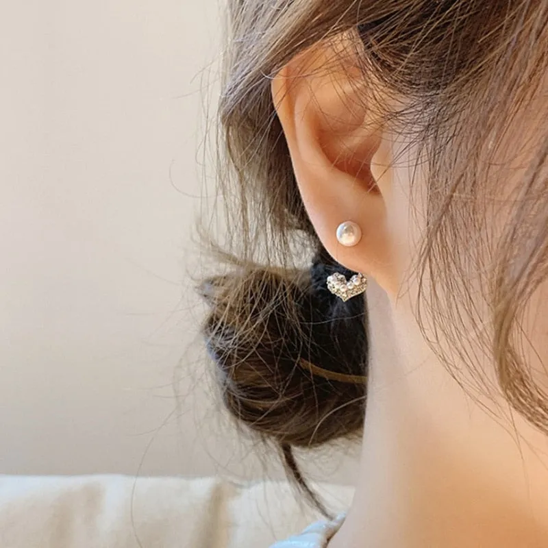 Metal Heart-Shaped Pearl Earrings  Back Hanging Earrings