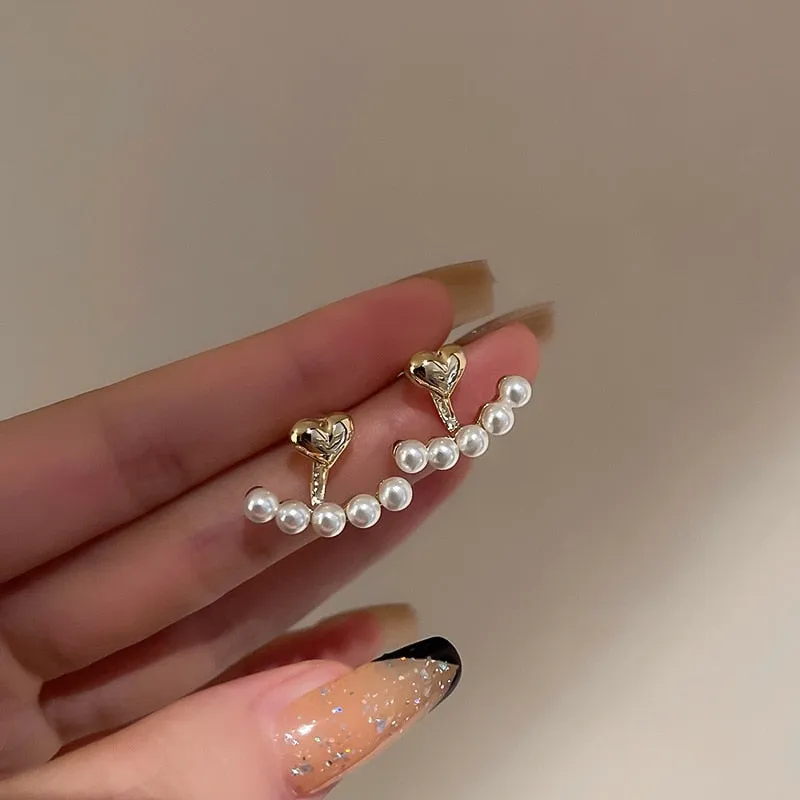 Metal Heart-Shaped Pearl Earrings  Back Hanging Earrings