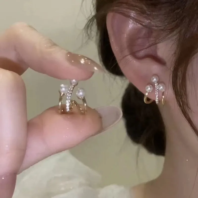 Metal Heart-Shaped Pearl Earrings  Back Hanging Earrings