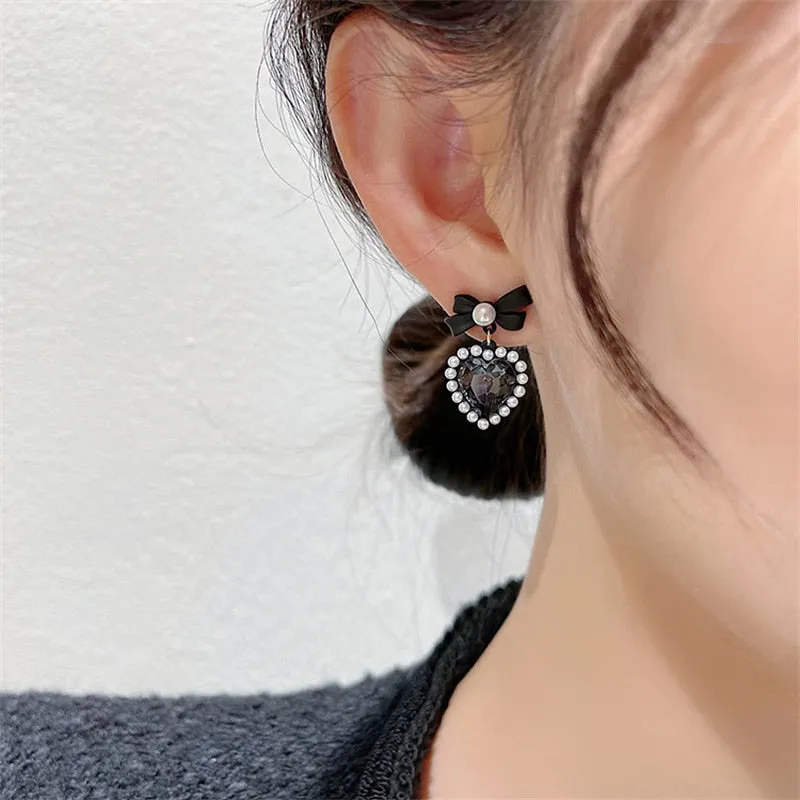 Metal Heart-Shaped Pearl Earrings  Back Hanging Earrings
