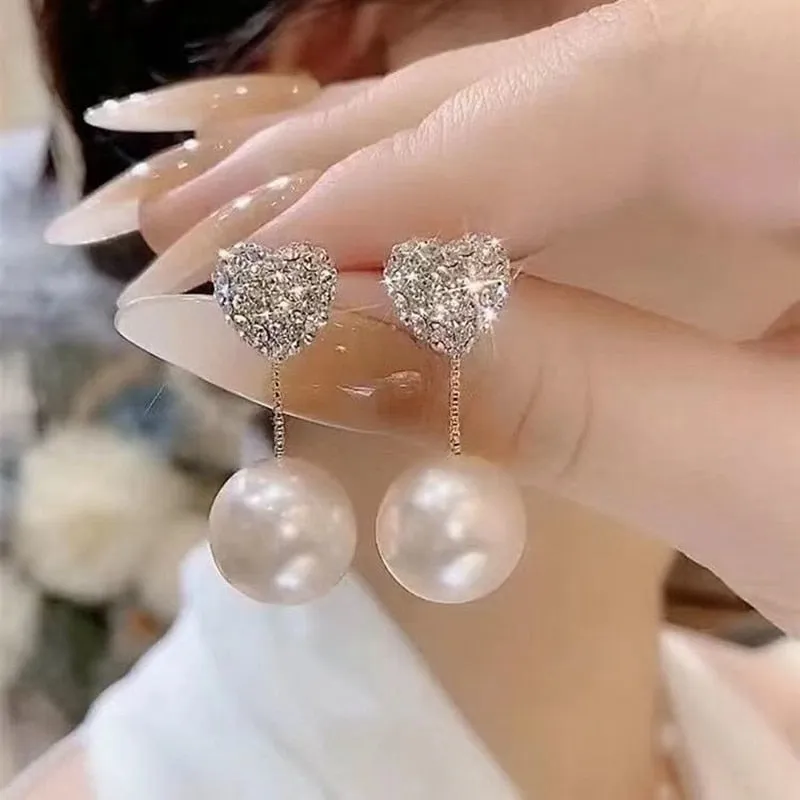Metal Heart-Shaped Pearl Earrings  Back Hanging Earrings