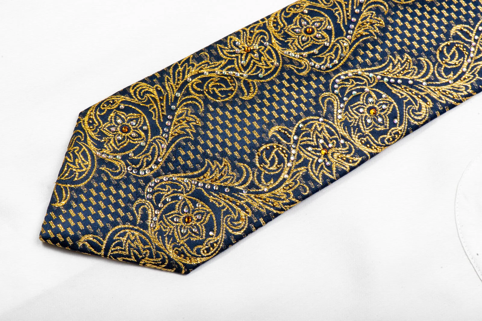 Mila Schon Rhinestone Necktie Gold Acanthus Scrolls On Navy With Sparkles