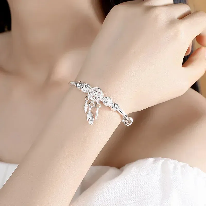 Modern Luxury Tassel Feather Dream Catcher 925 Sterling Silver Bracelets for Women Bangle Adjustable Charm Jewelry Accessories