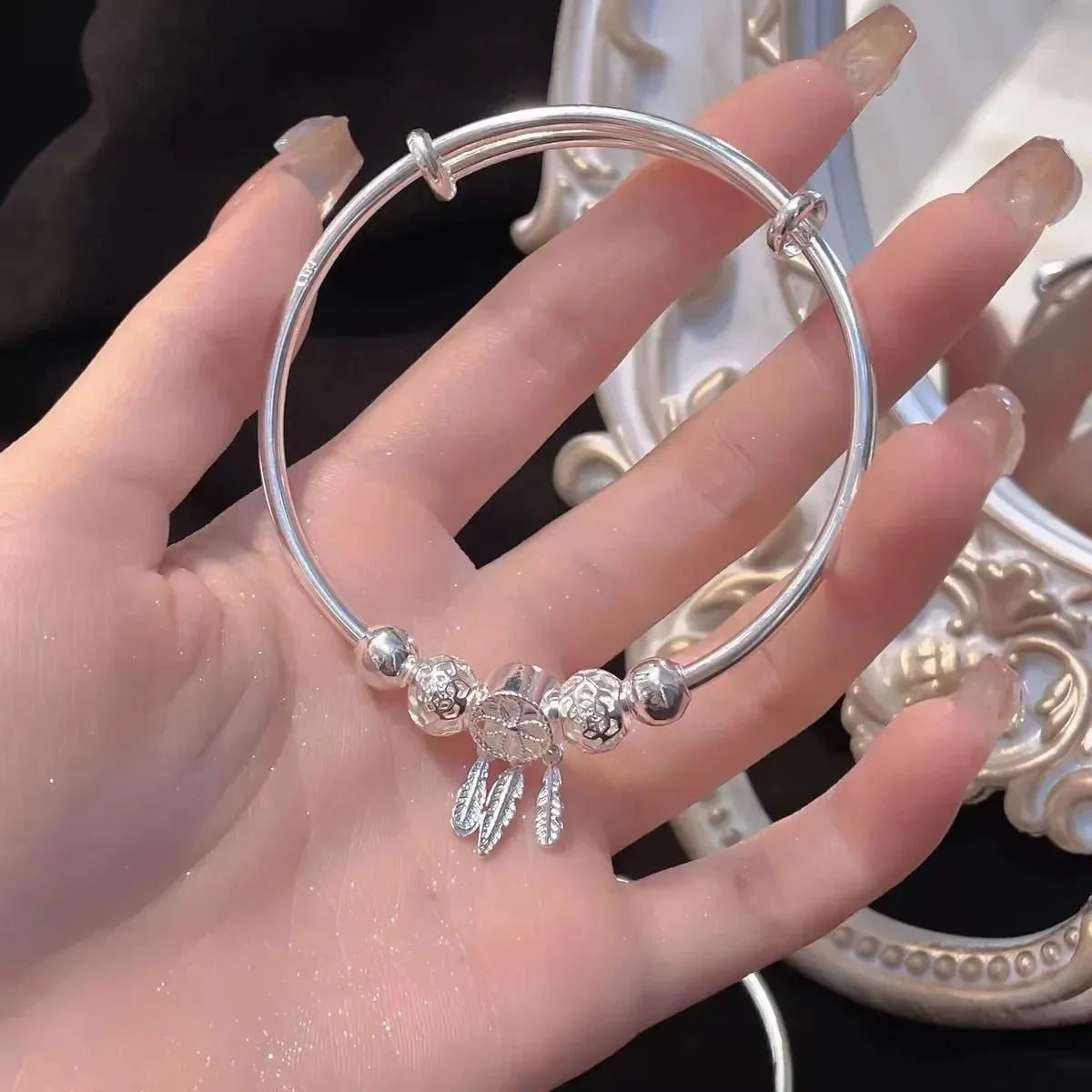 Modern Luxury Tassel Feather Dream Catcher 925 Sterling Silver Bracelets for Women Bangle Adjustable Charm Jewelry Accessories