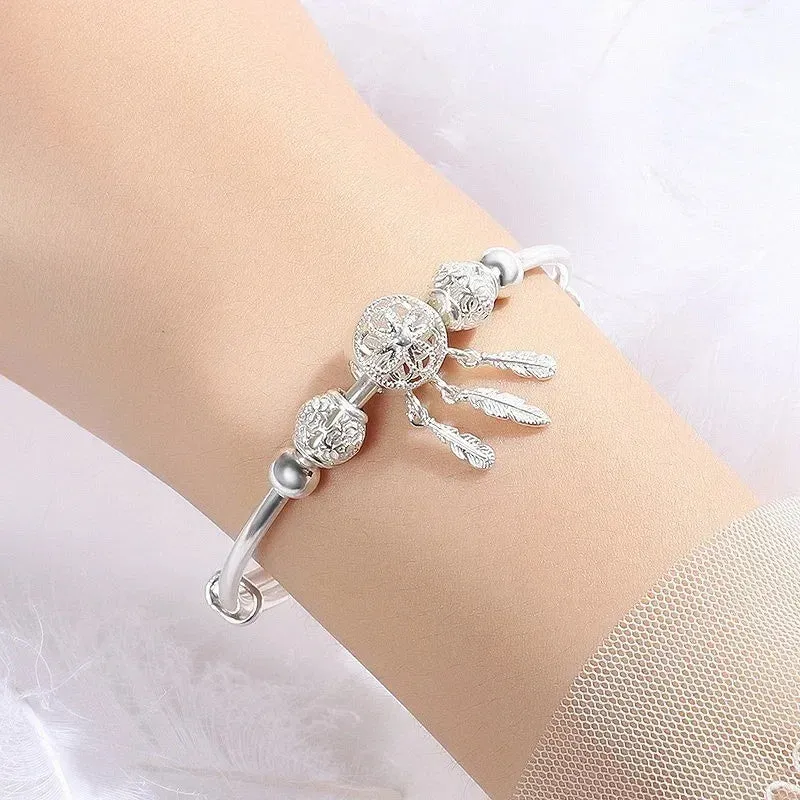 Modern Luxury Tassel Feather Dream Catcher 925 Sterling Silver Bracelets for Women Bangle Adjustable Charm Jewelry Accessories