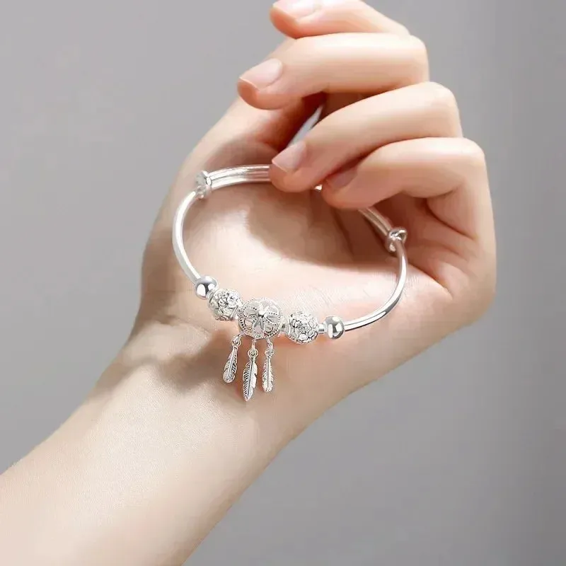 Modern Luxury Tassel Feather Dream Catcher 925 Sterling Silver Bracelets for Women Bangle Adjustable Charm Jewelry Accessories