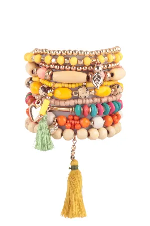 MULTI BEADS WOOD,TASSEL, HEART PENDANT LAYERED STACKABLE VERSATILE CHARM BRACELET