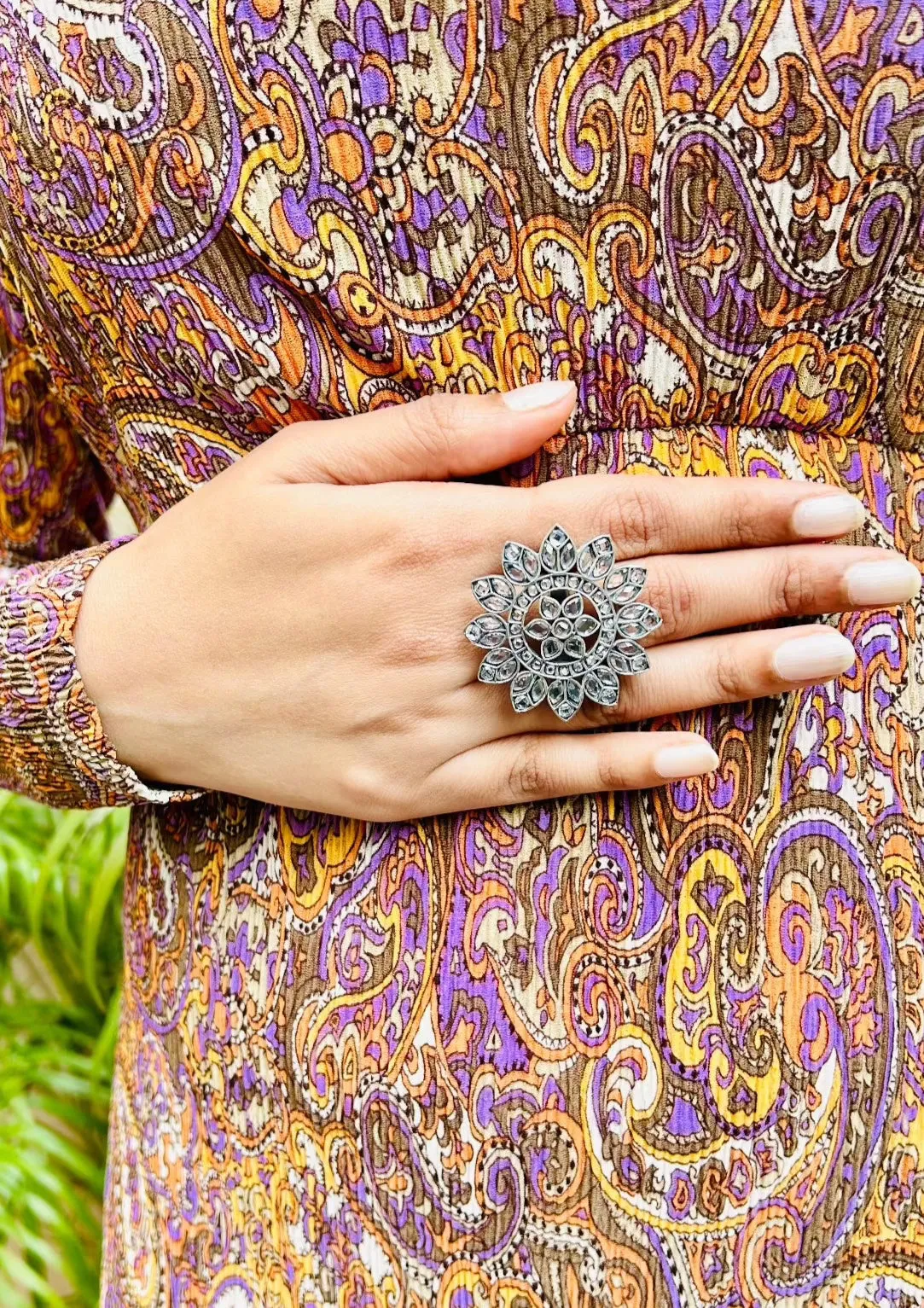 Myra Oxidised Transparent Floral Adjustable Ring