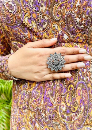 Myra Oxidised Transparent Floral Adjustable Ring