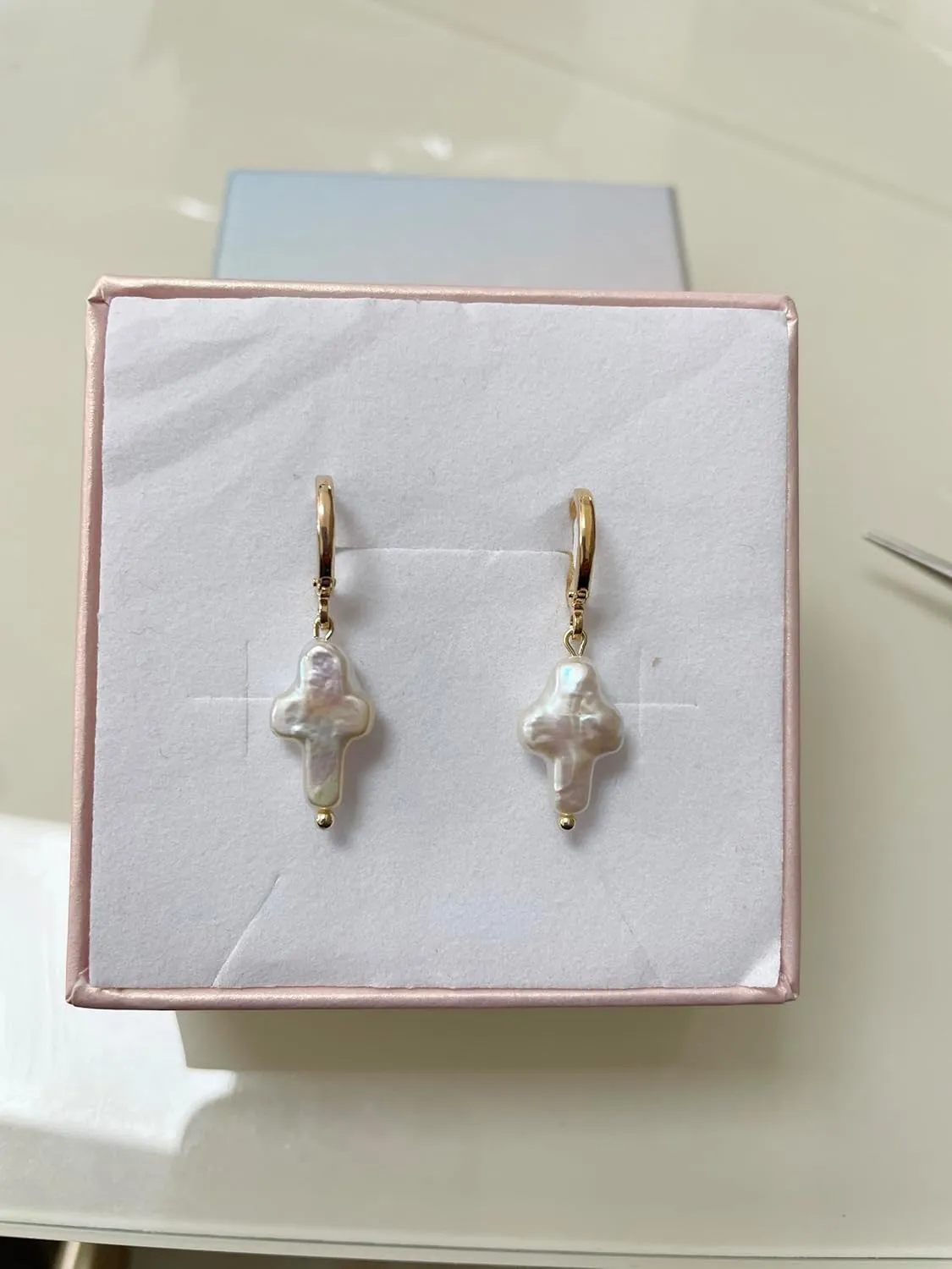 Nature Freshwater Pearl Cross Earrings Elegant Christian Pearl Jewelry, Beachy Pearl Jewelry, Cross Pearl Earrings, Baroque Pearl Earrings