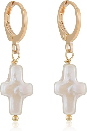 Nature Freshwater Pearl Cross Earrings Elegant Christian Pearl Jewelry, Beachy Pearl Jewelry, Cross Pearl Earrings, Baroque Pearl Earrings