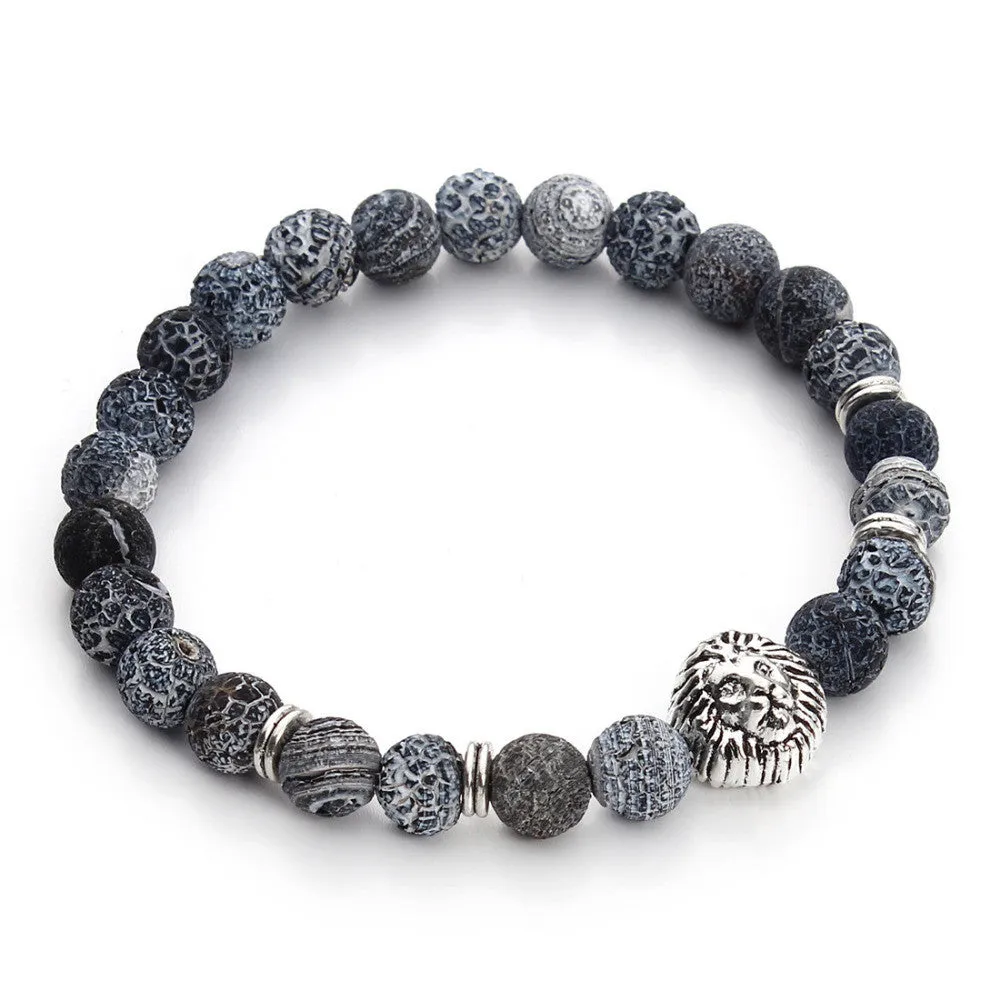 New Antique Silver/Gold Plated Buddha Leo Lion Head Bracelet Men 8mm Natural Agate Beads Bracelets Pulseras Hombre