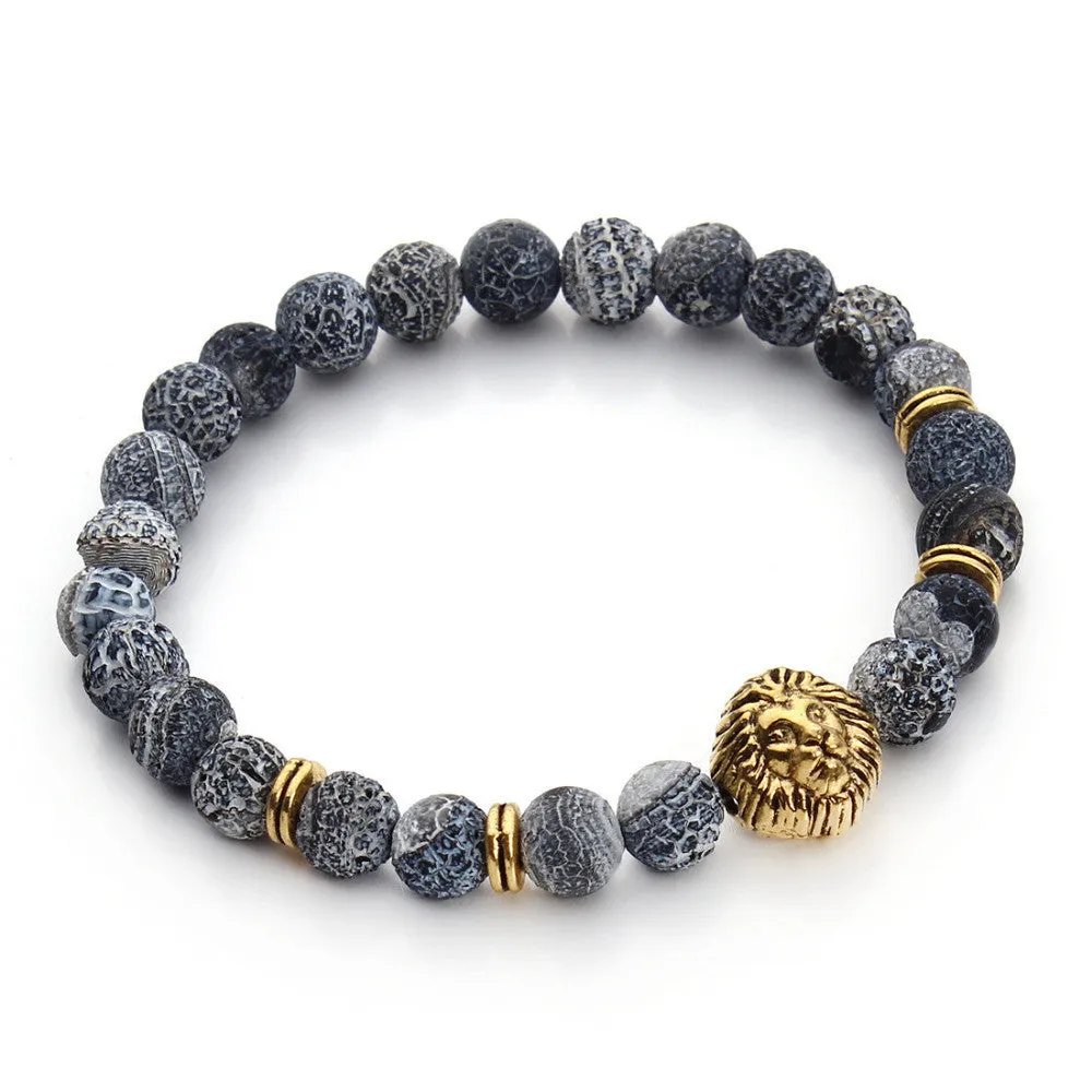 New Antique Silver/Gold Plated Buddha Leo Lion Head Bracelet Men 8mm Natural Agate Beads Bracelets Pulseras Hombre